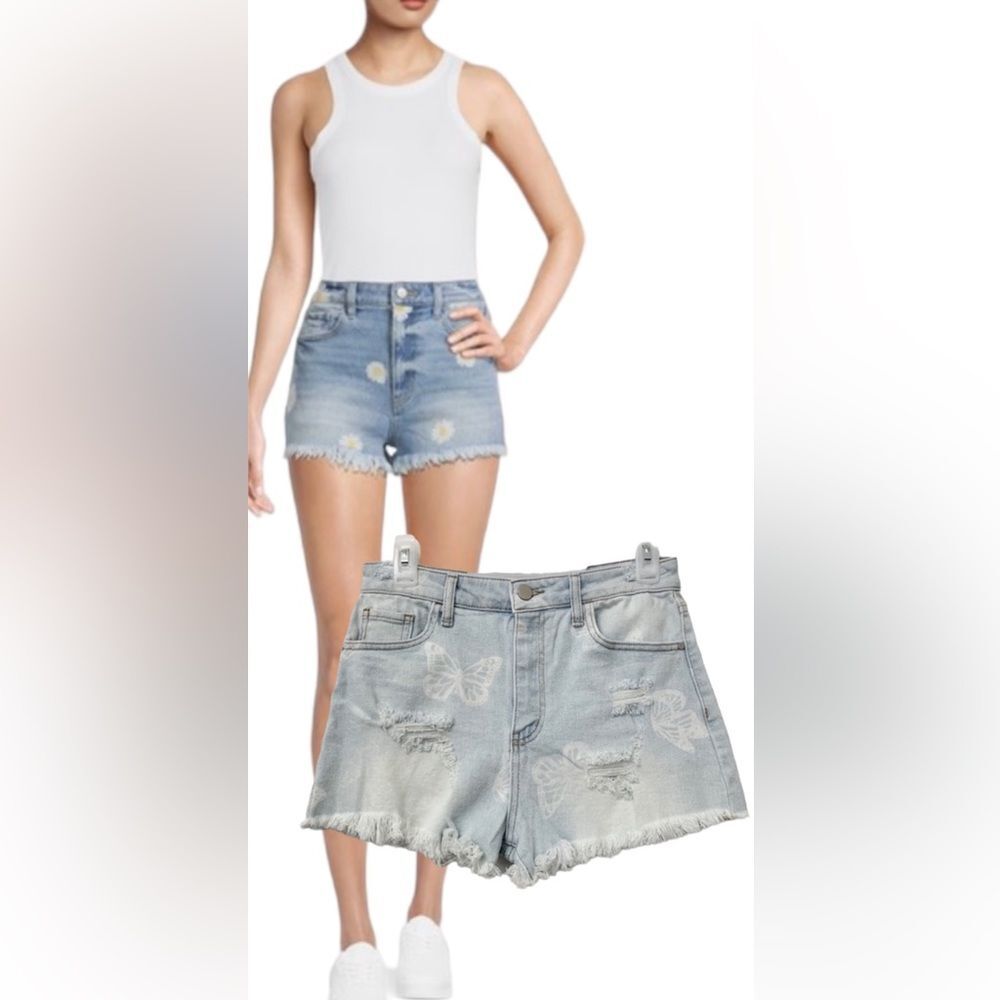 Material Girl Shortie High Rise Printed Butterfly Denim Frayed Shorts Juniors 9